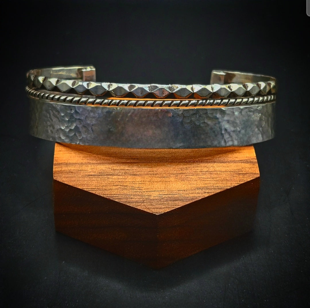 3 band sterling silver cuff with a hammered textured and 2 pattern wires.