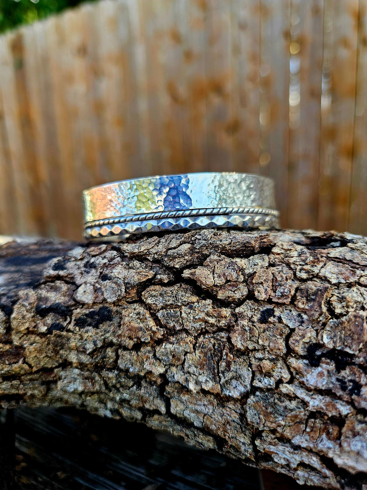 3 band sterling silver cuff with a hammered textured and 2 pattern wires.