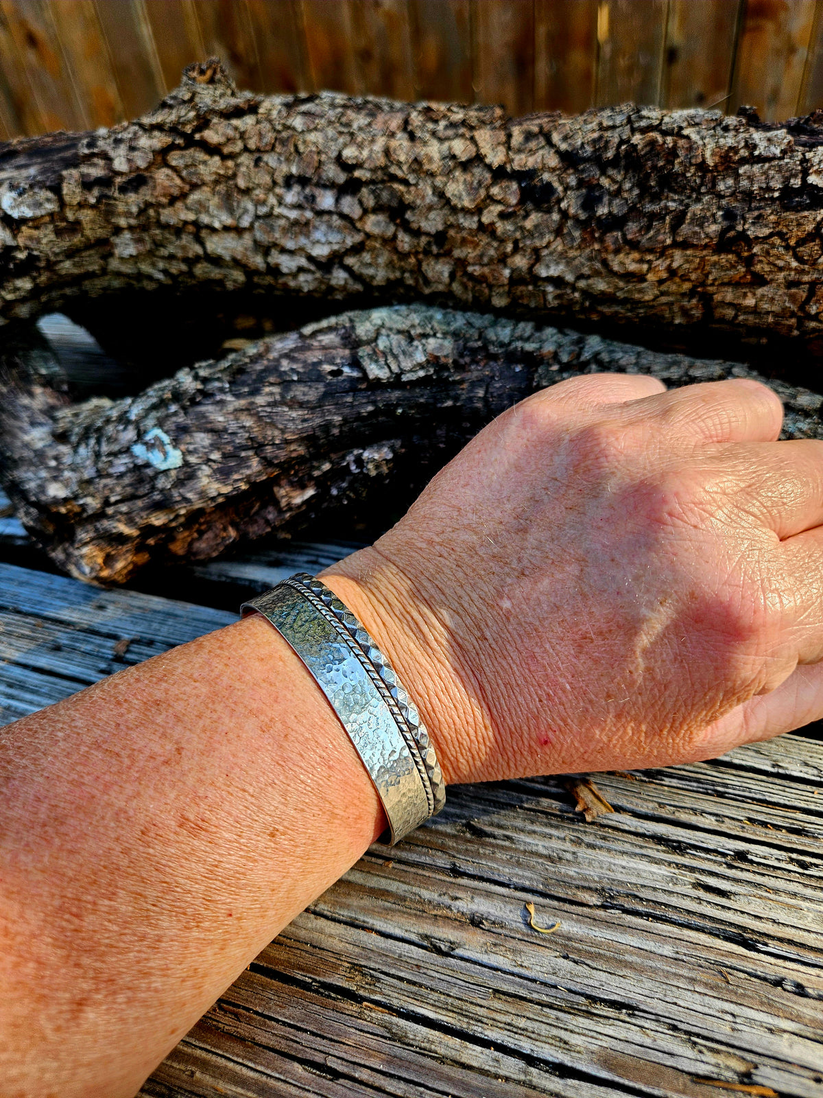 3 band sterling silver cuff with a hammered textured and 2 pattern wires.