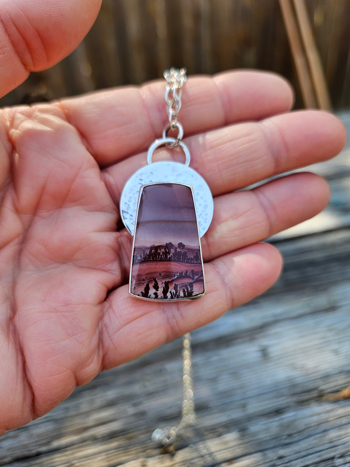 Apache Sage Rhyolite Pendant set in sterling silver with a hammered circle backplate and an 18" silver chain. 