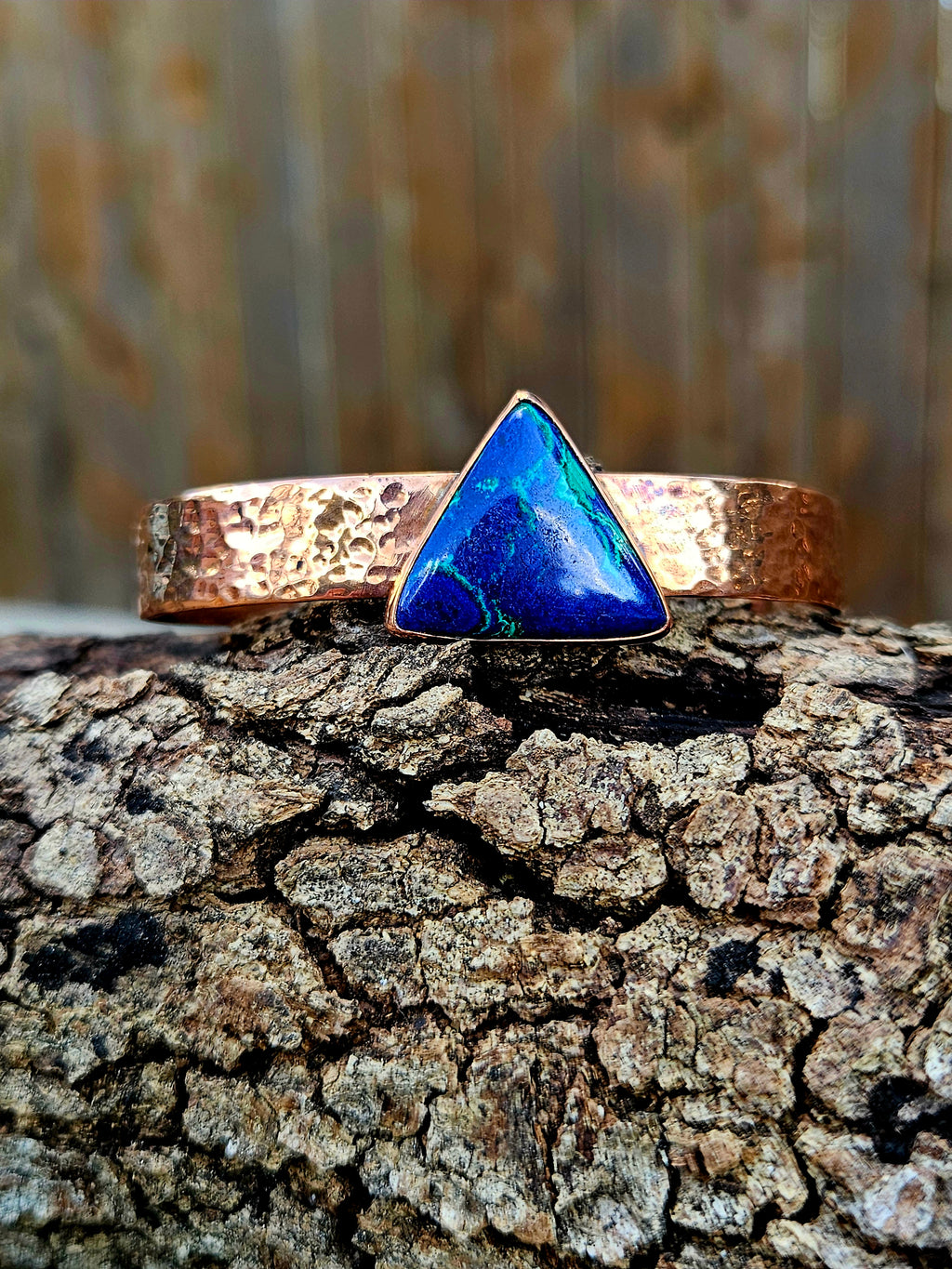 Triangle shaped Azurite Malachite hammered copper bracelet