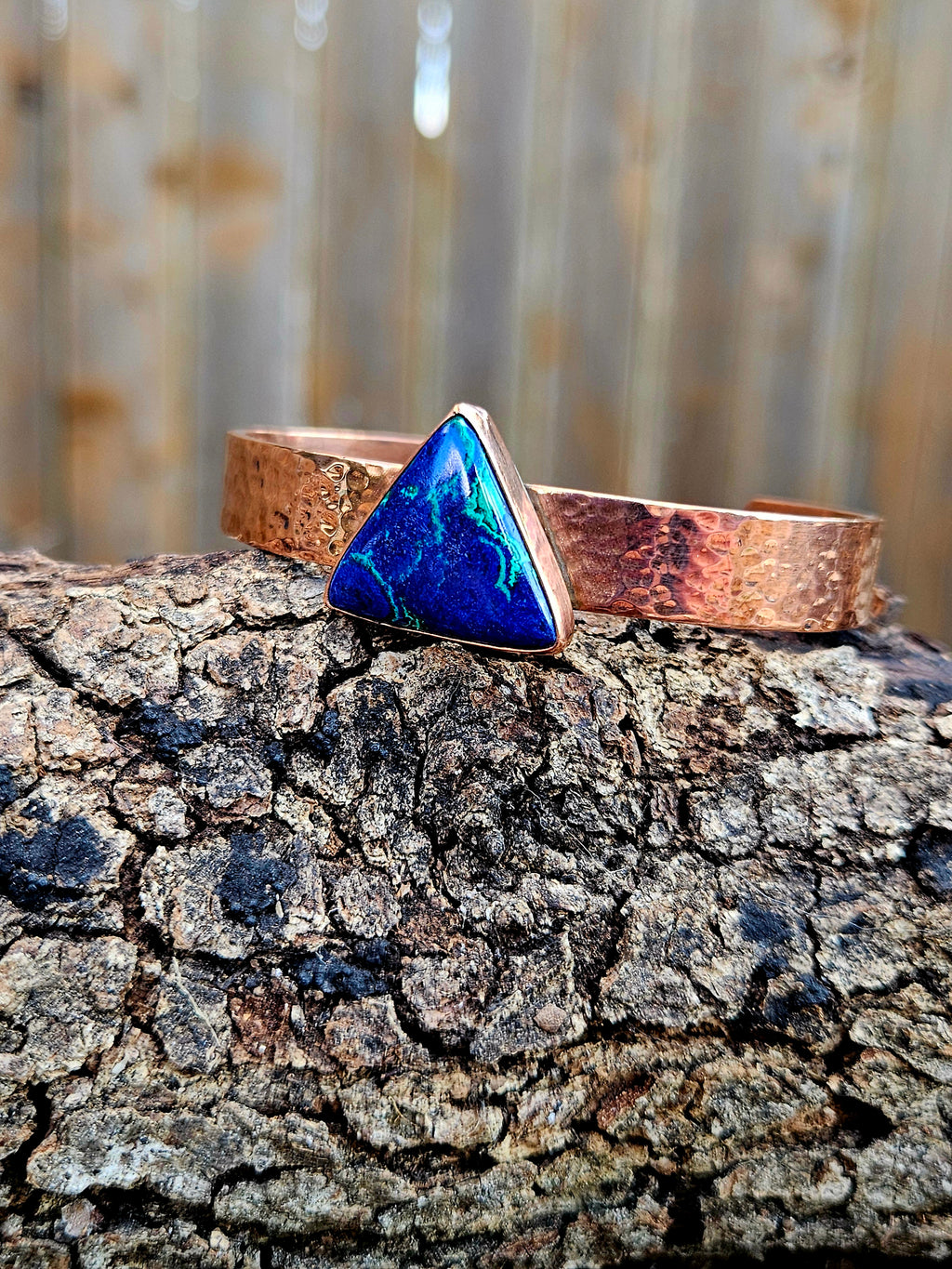 Triangle shaped Azurite Malachite hammered copper bracelet