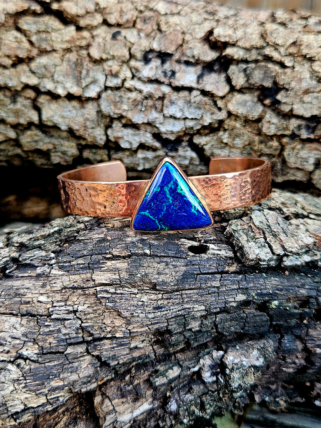 Triangle shaped Azurite Malachite hammered copper bracelet