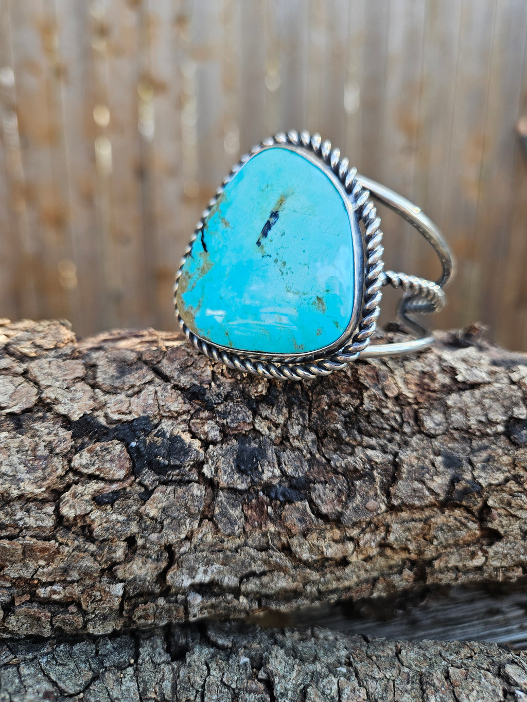 Big Turquoise #8 Cuff set in sterling silver with a dark patina finish and three bands.