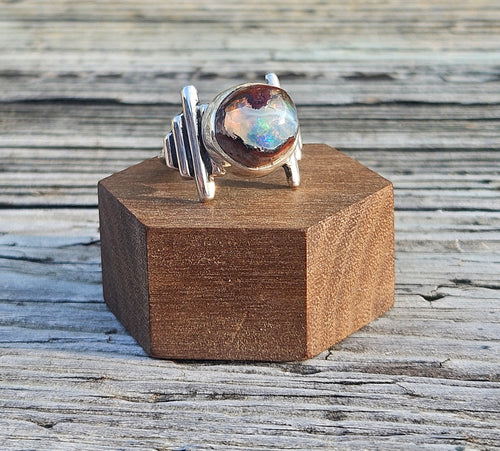Blue Mexican matrix opal ring set in sterling silver. Size 8