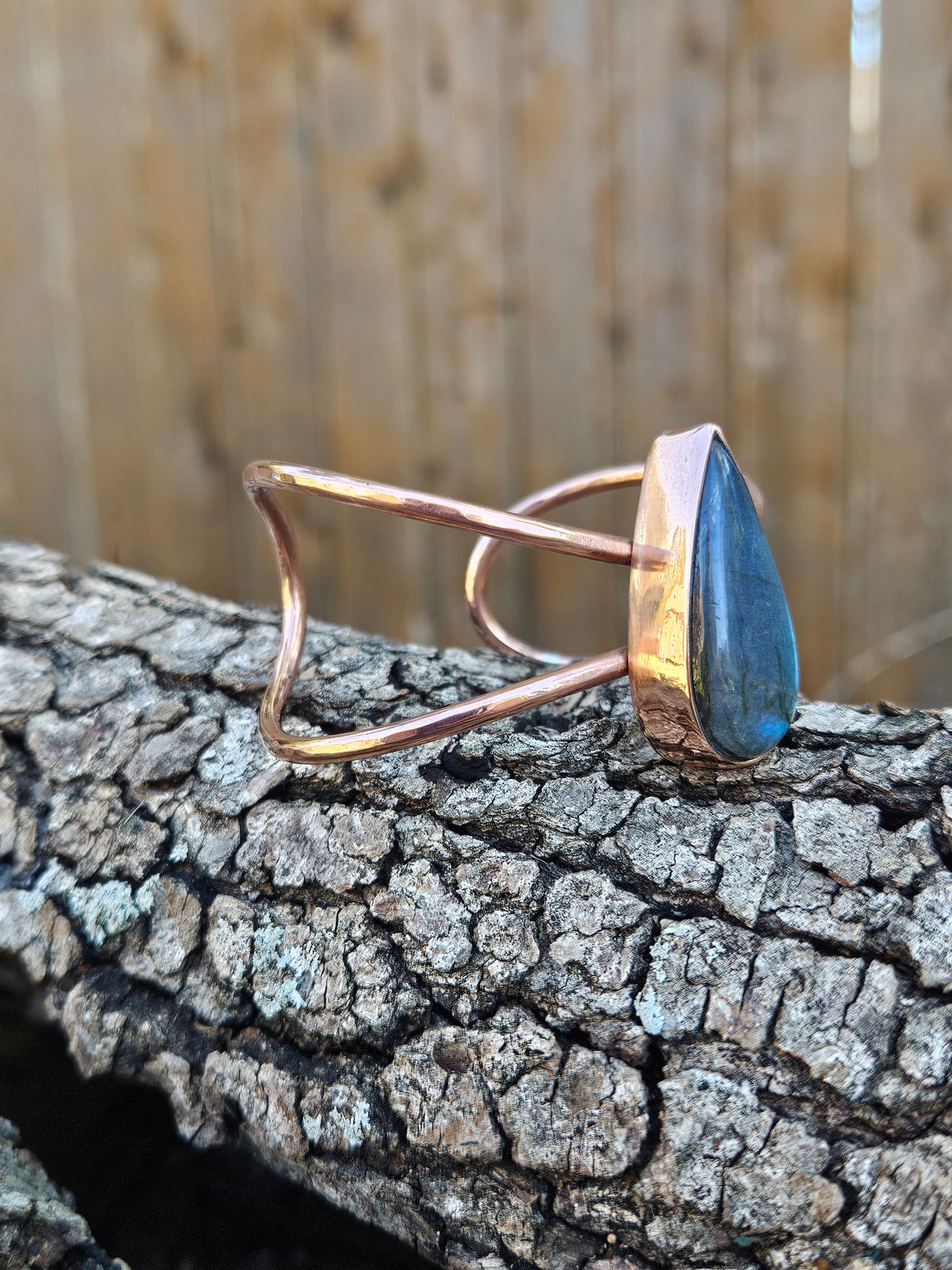 Blue Teardrop Shaped Labradorite Copper Cuff with two bands