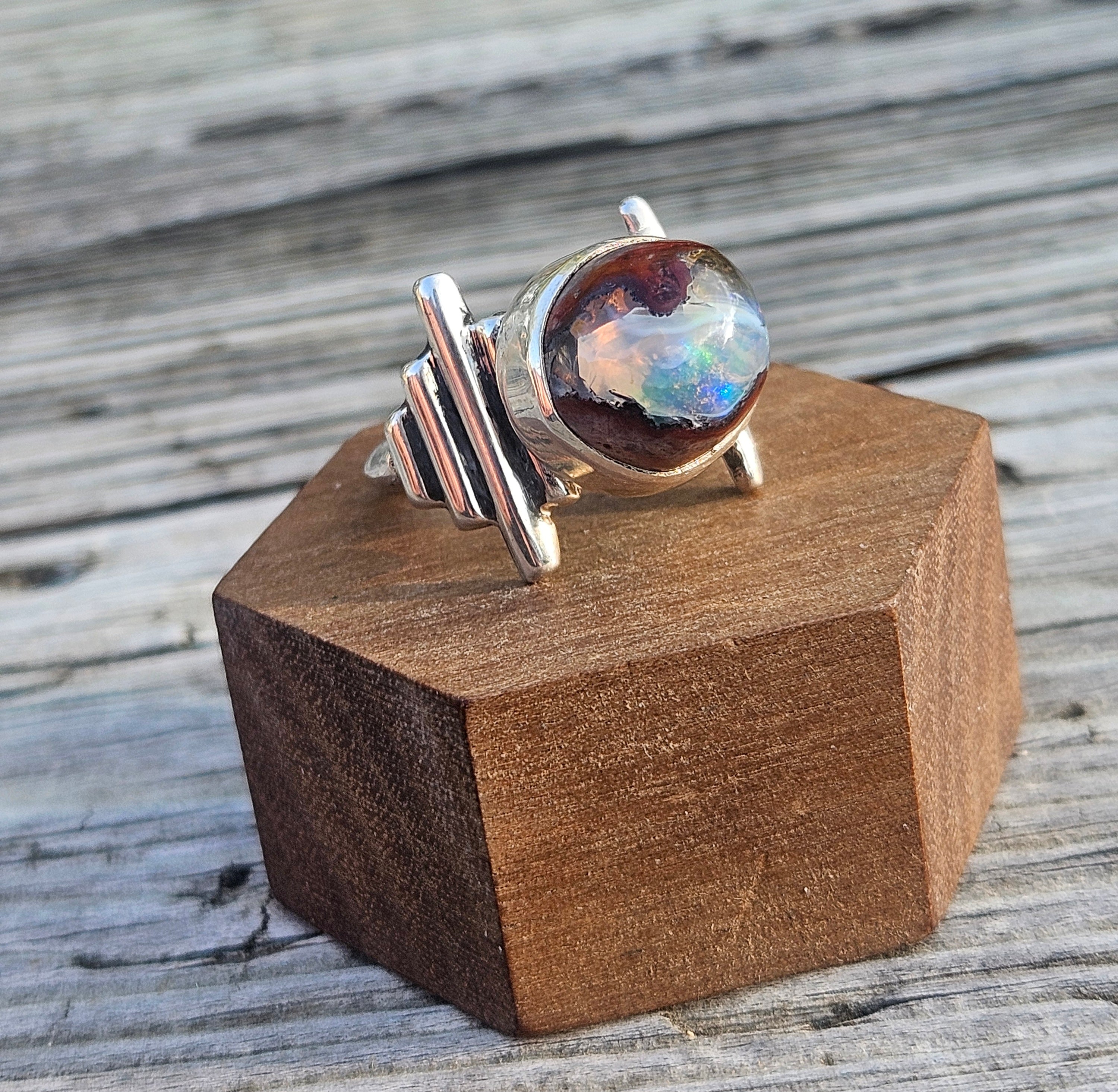 Blue Mexican matrix opal ring set in sterling silver. Size 8