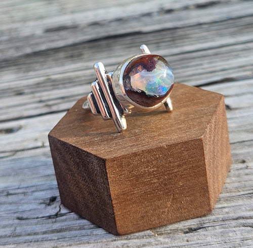 Blue Mexican matrix opal ring set in sterling silver. Size 8