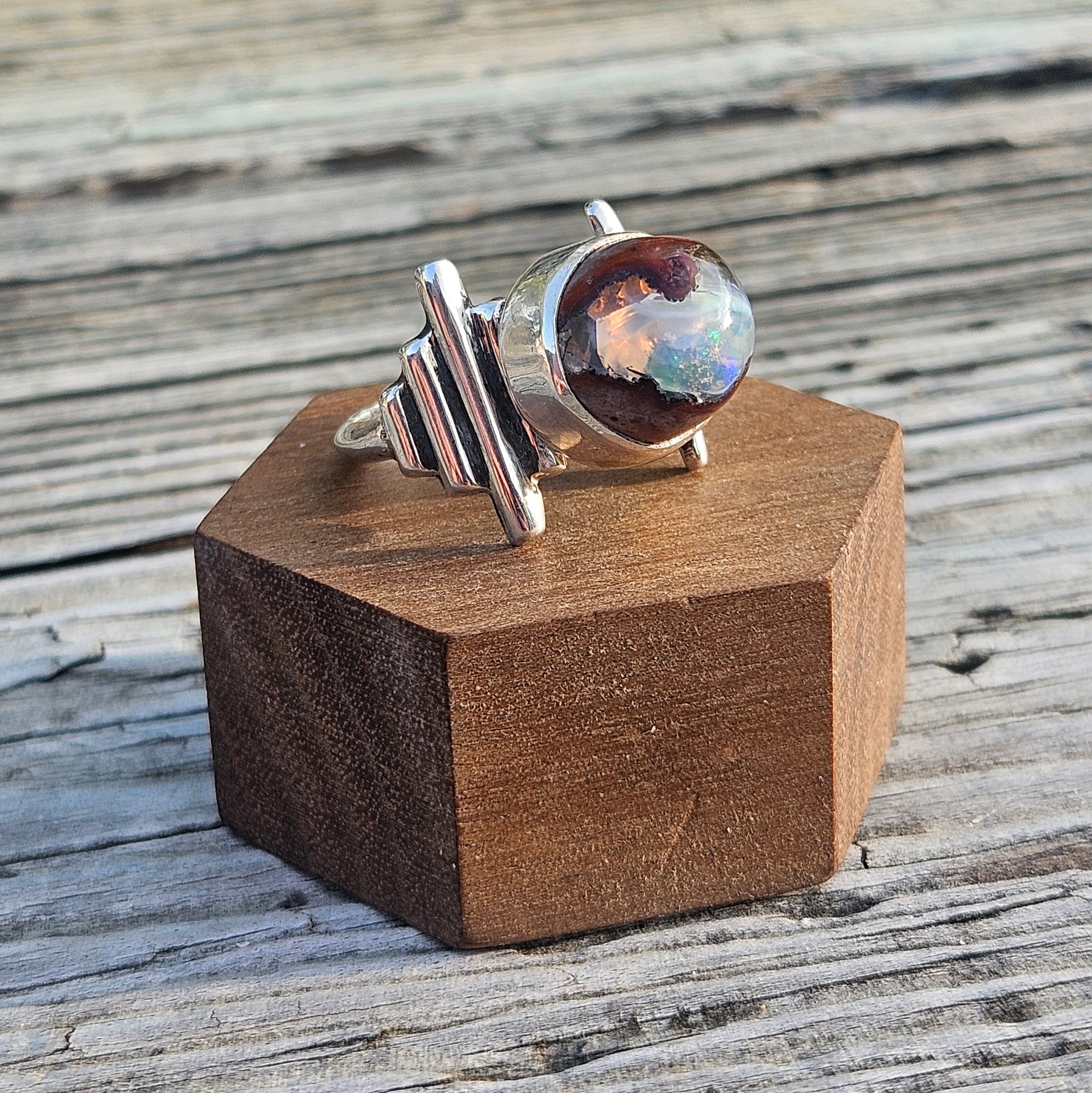 Blue Mexican matrix opal ring set in sterling silver. Size 8