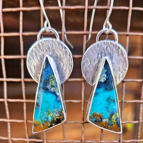 Blue Opalized petrified wood dangle earrings set in sterling silver with a textured circular backplate.