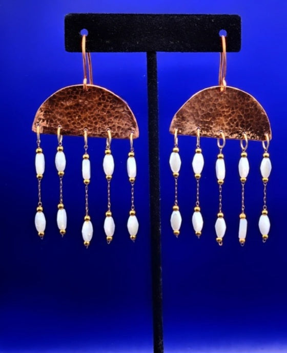  hammered copper dangle earrings with white bead drops