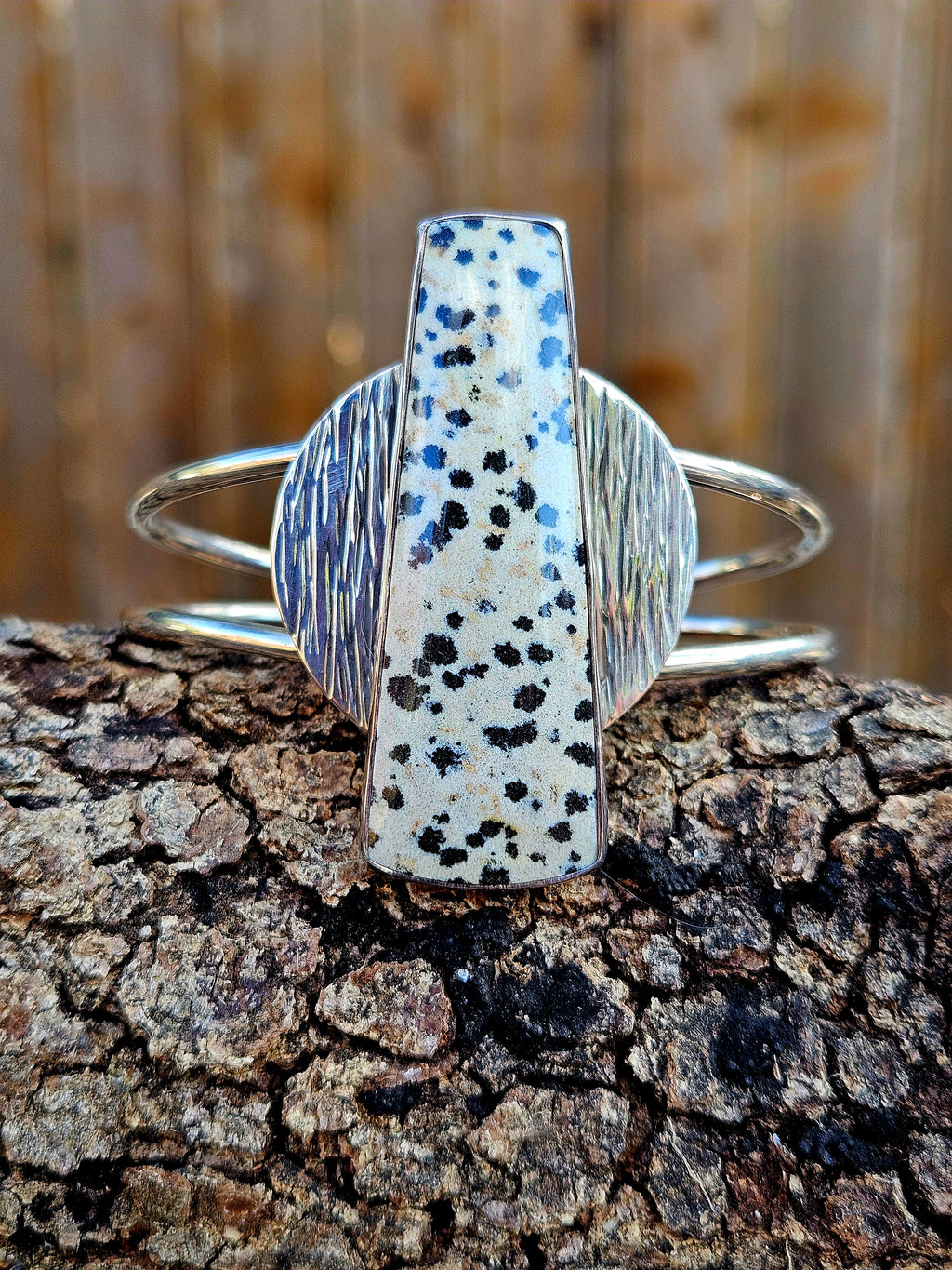 Dalmatian Jasper Bracelet set in sterling silver with a circular textured backplate and 2 bands.