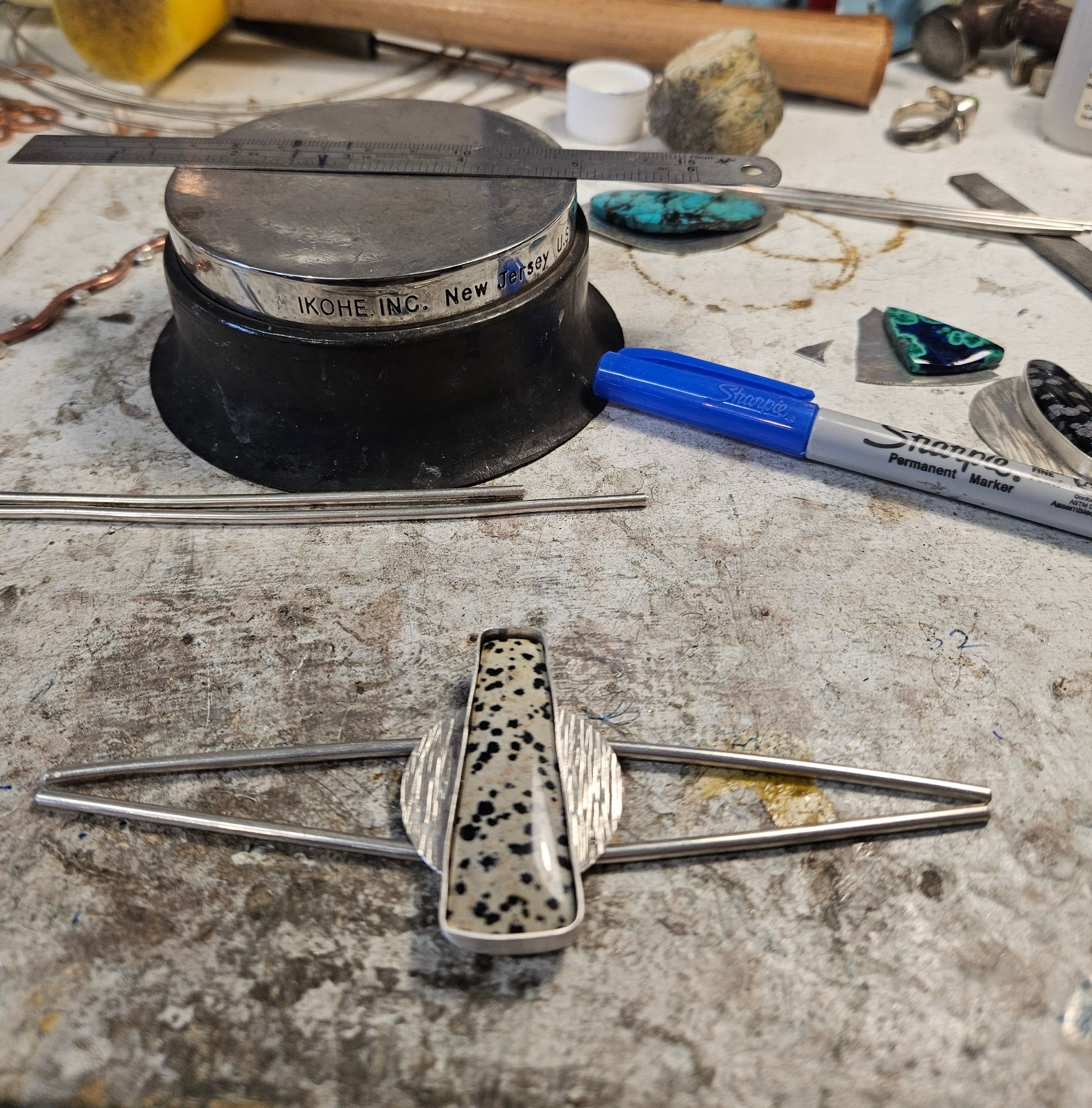 Dalmatian Jasper Bracelet in the works. Sterling silver before soldering.