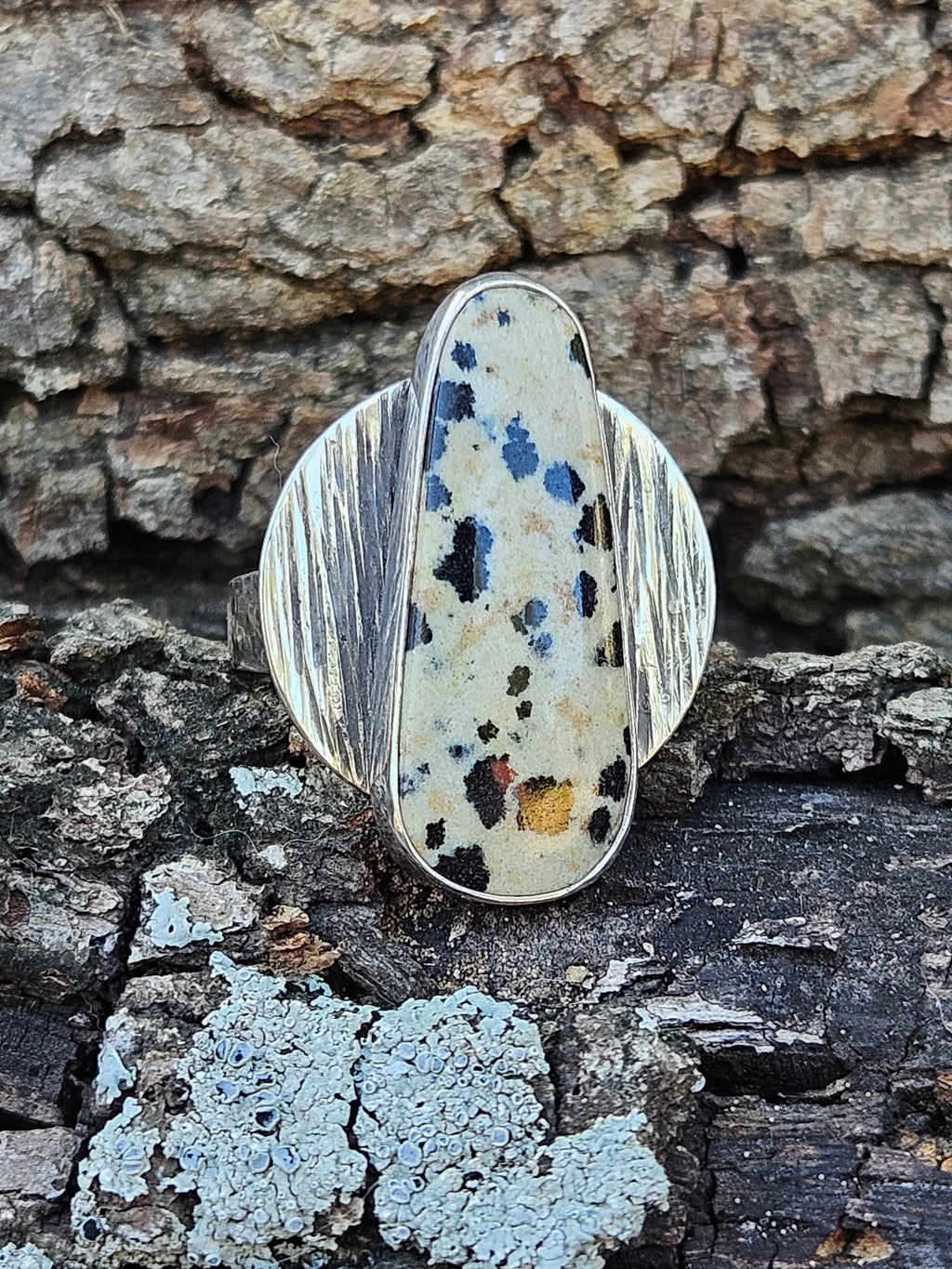 Dalmatian Jasper Ring set in sterling silver with a circular textured backplate. Size 7