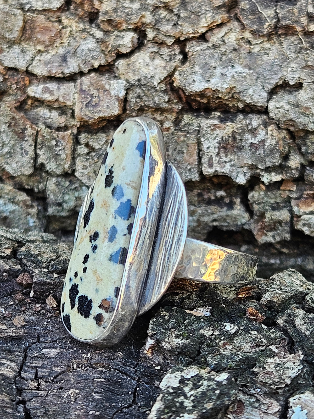 Dalmatian Jasper Ring set in sterling silver with a circular textured backplate. Size 7