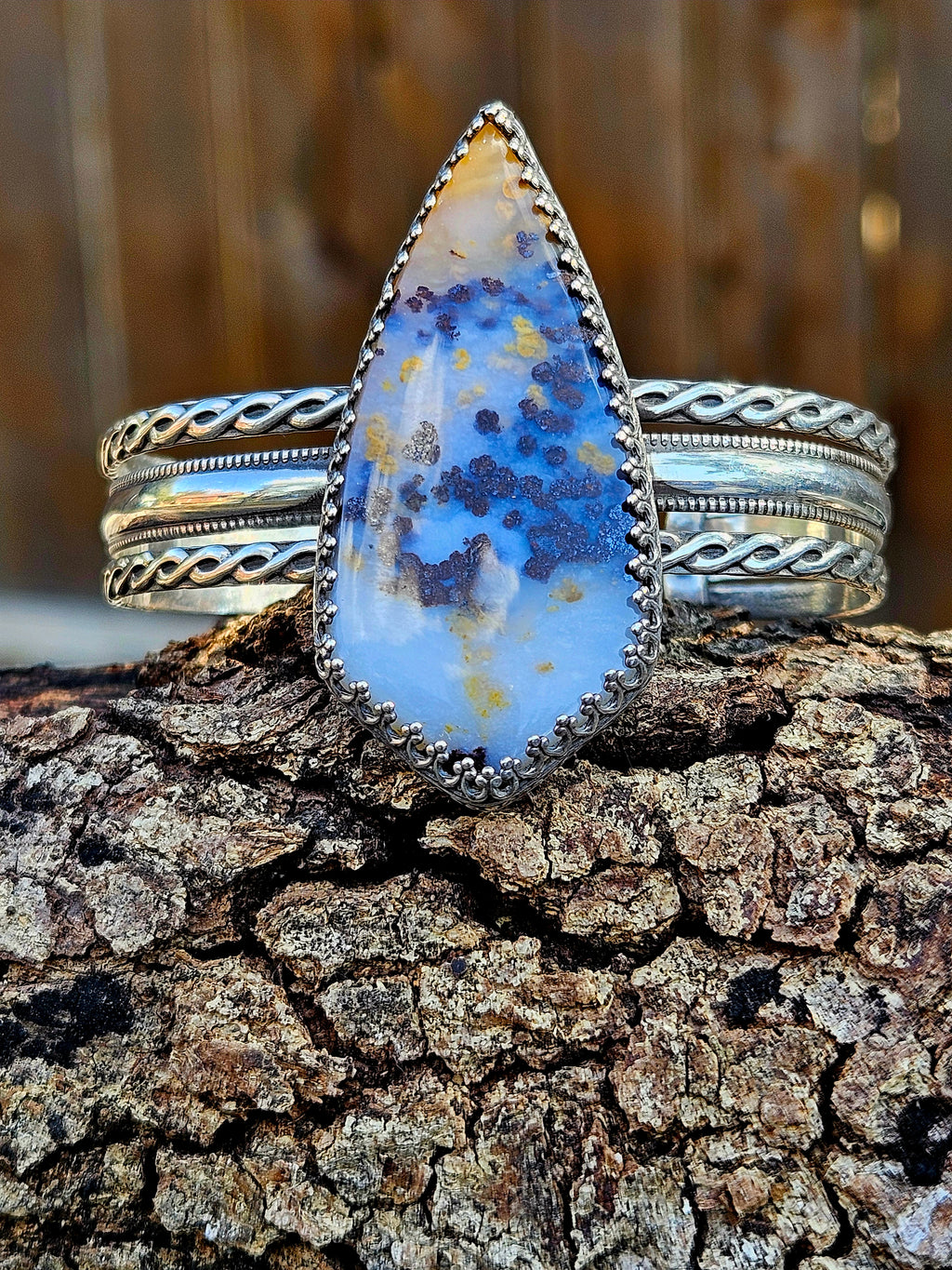 Dendritic Moss Agate Bracelet set in sterling silver with pattern wire.