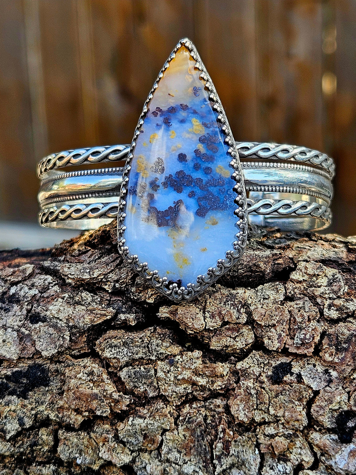 Dendritic Moss Agate Bracelet set in sterling silver with pattern wire.