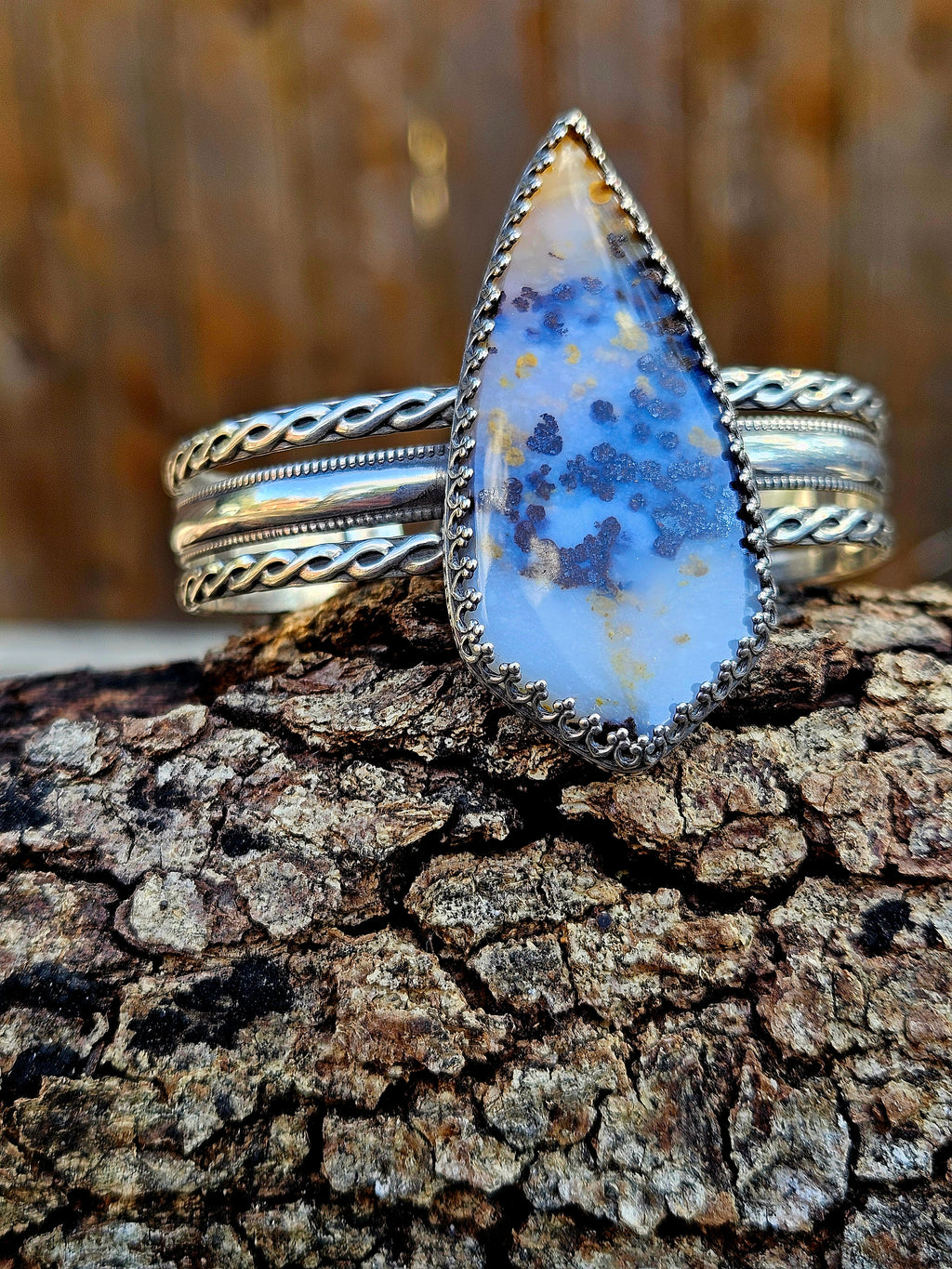 Dendritic Moss Agate Bracelet set in sterling silver with pattern wire.