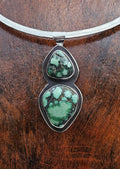 Double Damele Turquoise Pendant in Sterling Silver with an Oxidized Finish. Forest green and black matrix.