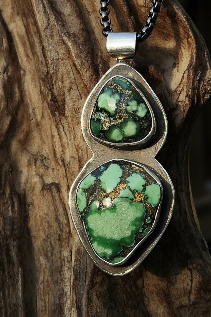 Double Damele Turquoise Pendant in Sterling Silver with an Oxidized Finish. Forest green and black matrix.