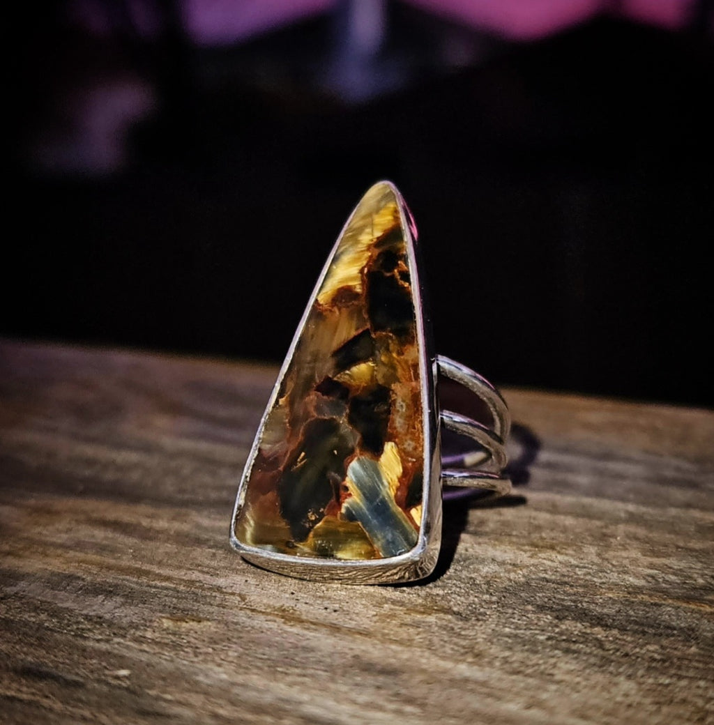 Triangular Shaped Golden Brown Pietersite Ring set in sterling silver. Size 9