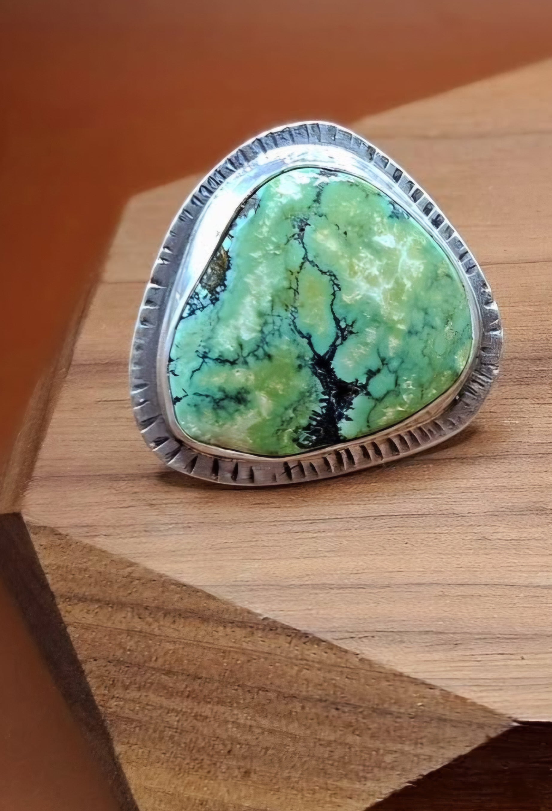 Green Turquoise black matrix sterling silver ring size 7