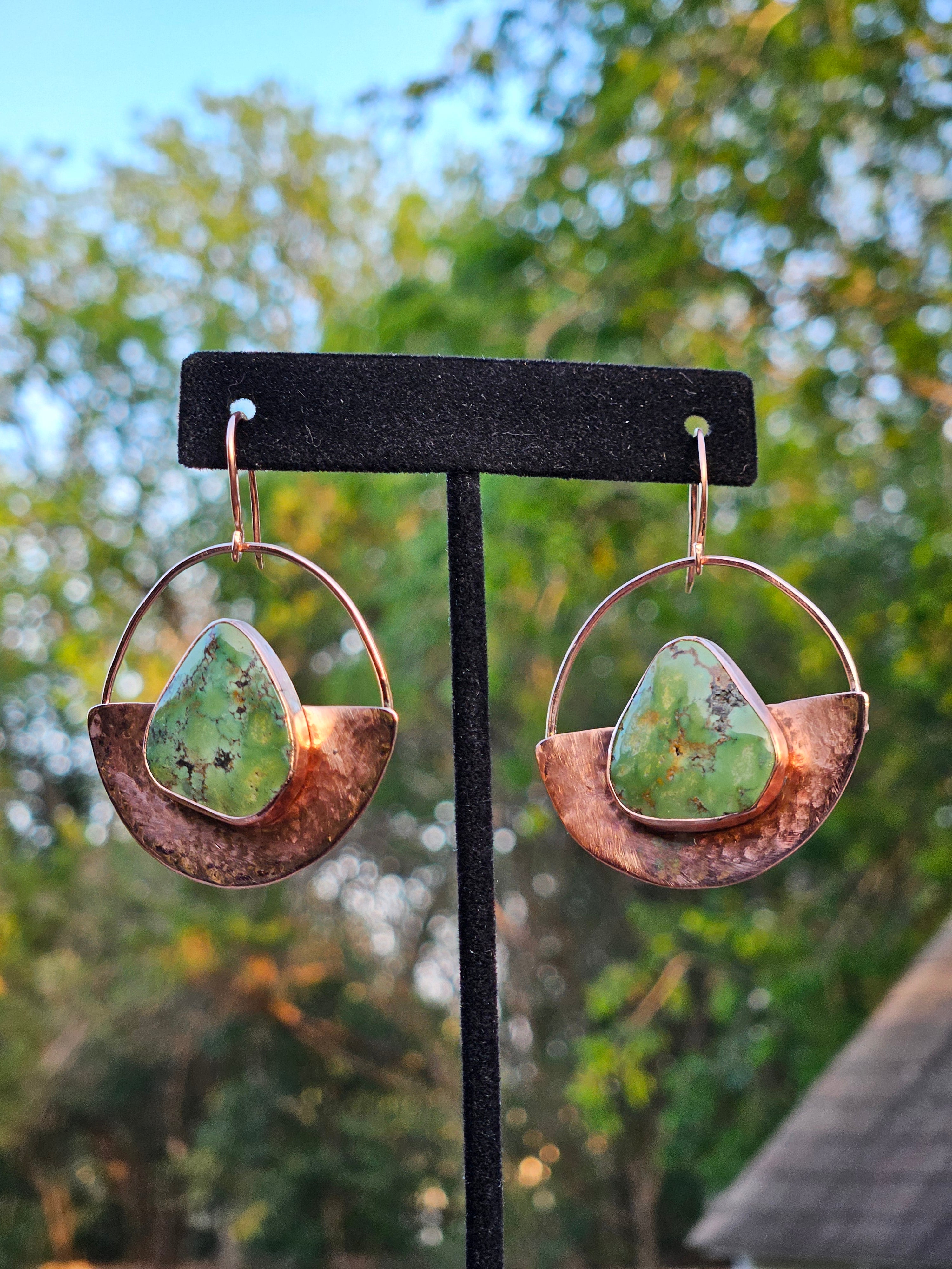 Hammered Copper Green Damele Turquoise Dangle Earrings 