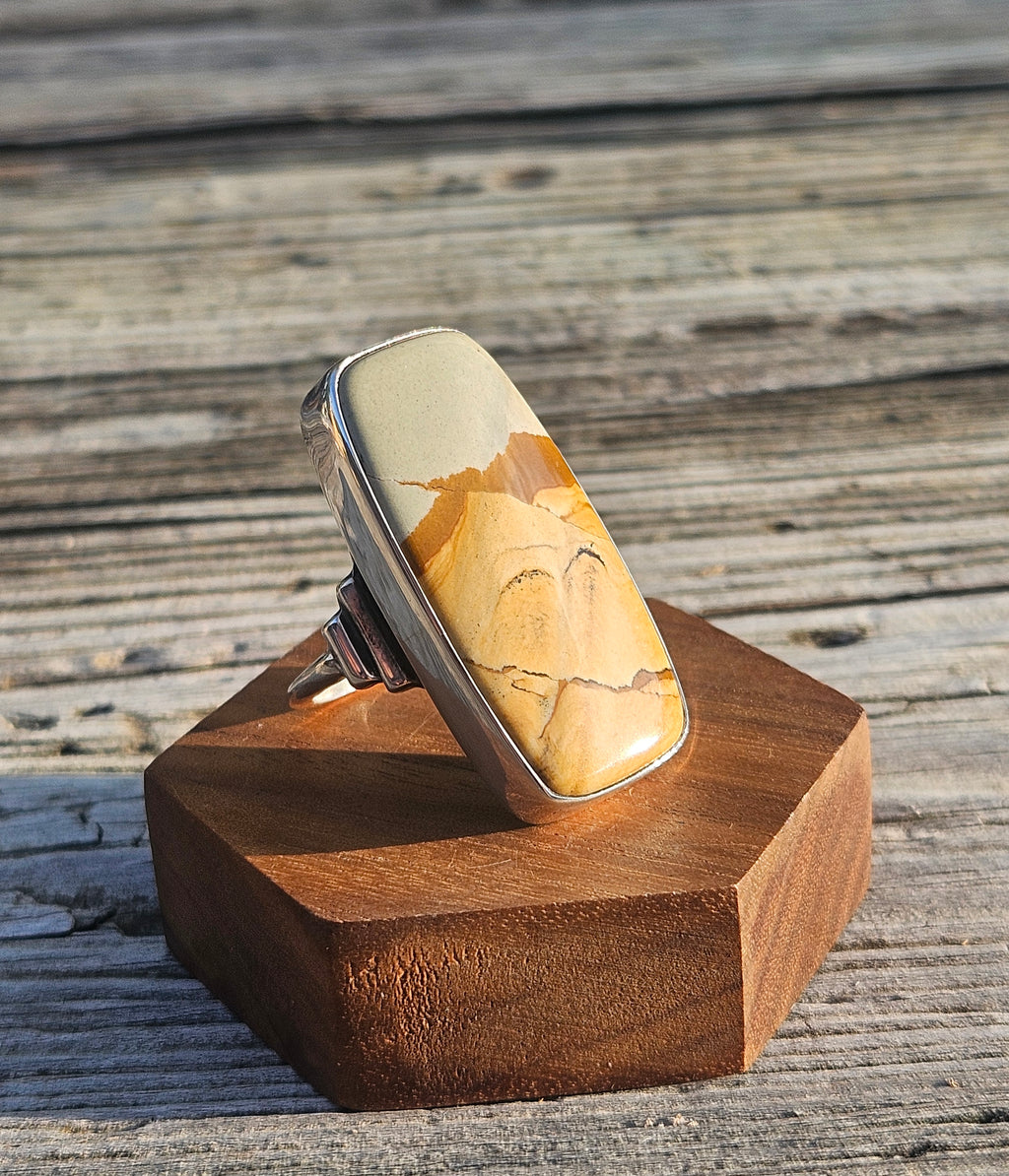 Rectangular Blue Sky Owyhee Picture Jasper Ring set in sterling silver in our Deco Style~ Size 10