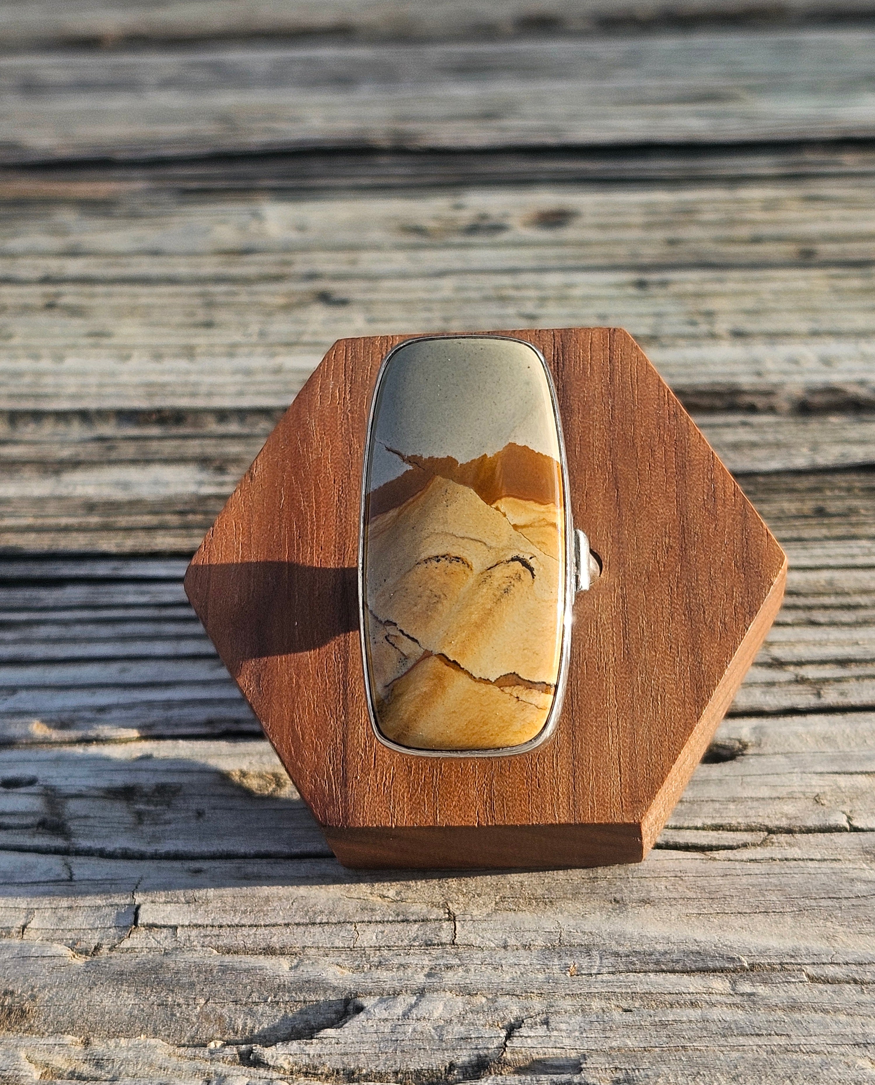 Rectangular Blue Sky Owyhee Picture Jasper Ring set in sterling silver in our Deco Style~ Size 10
