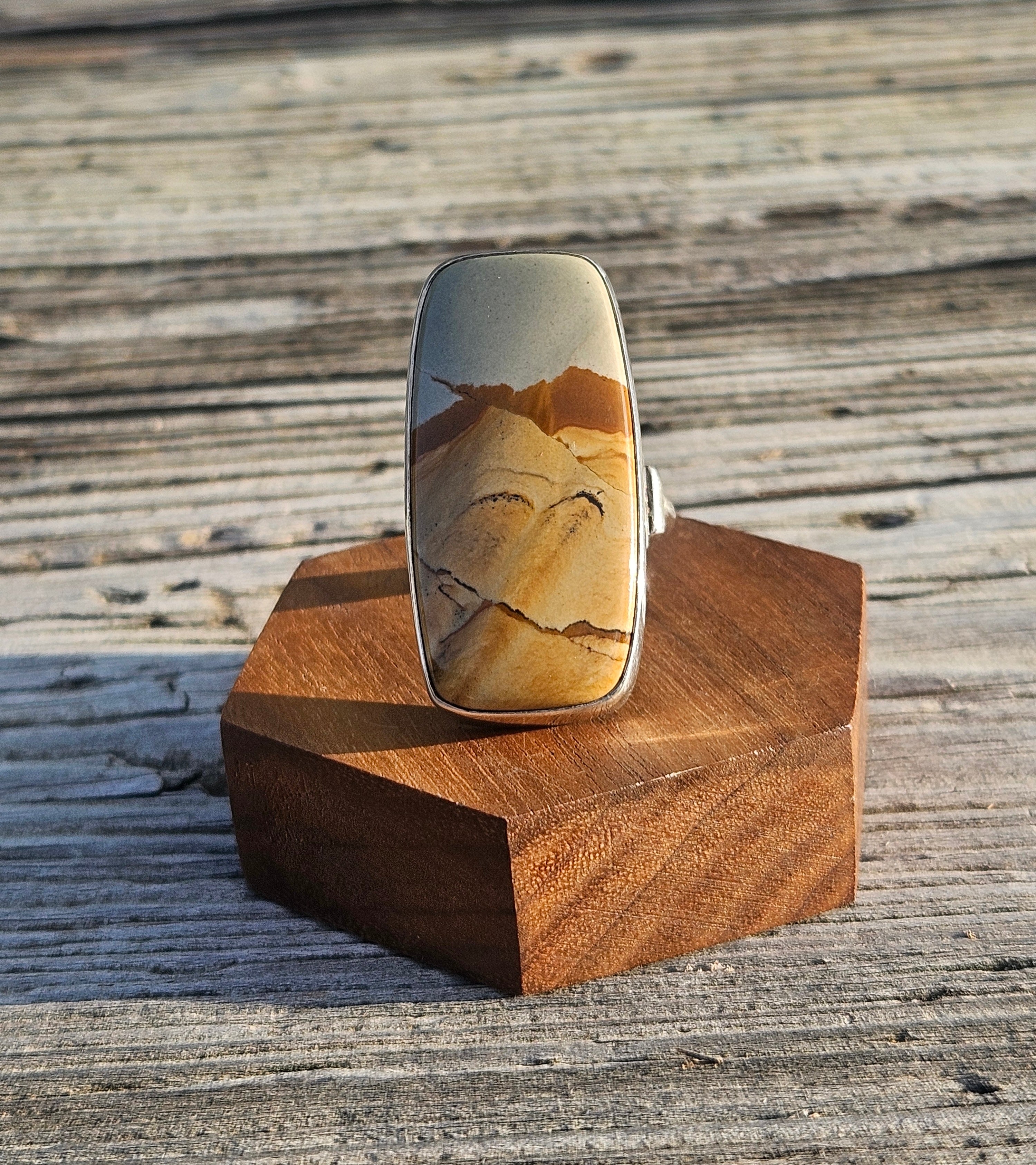 Rectangular Blue Sky Owyhee Picture Jasper Ring set in sterling silver in our Deco Style~ Size 10