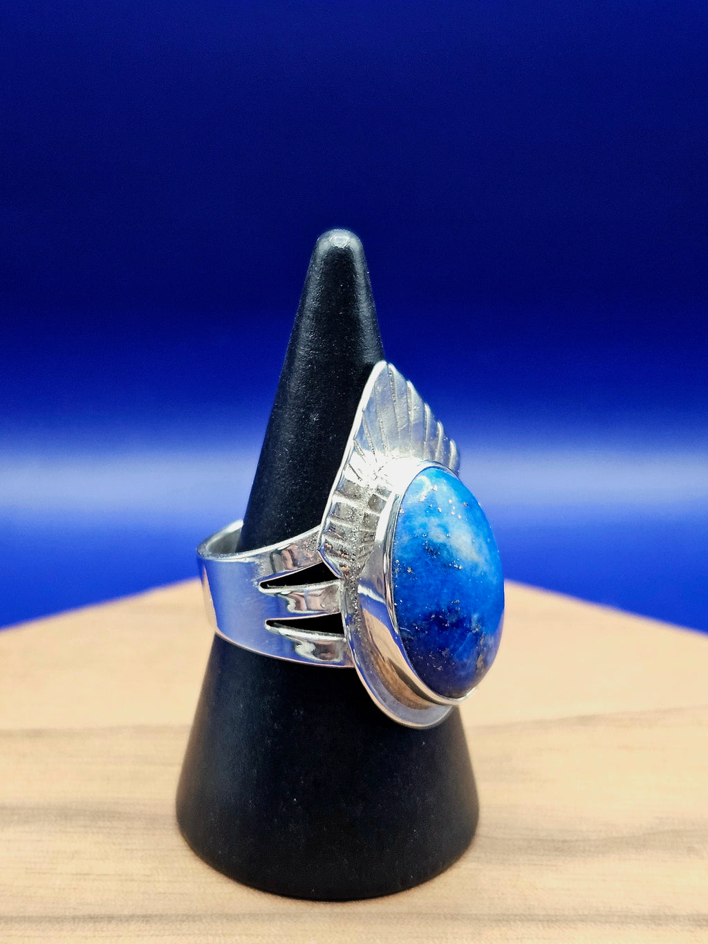Sterling Silver Lapis Lazuli Ring with a triangular textured backplate. Size 7