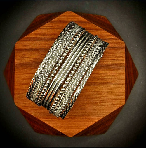 Large sterling silver 7 band pattern wire cuff with an Oxidized Finish