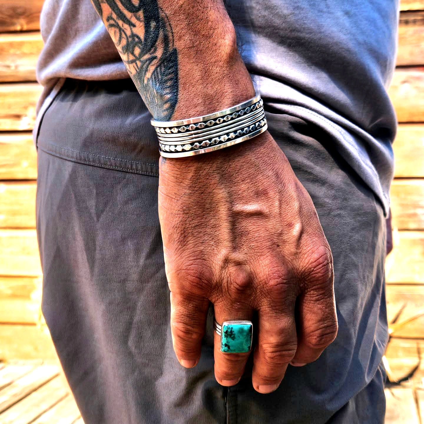 Large square Kingman Turquoise Ring set in sterling silver. Size 13