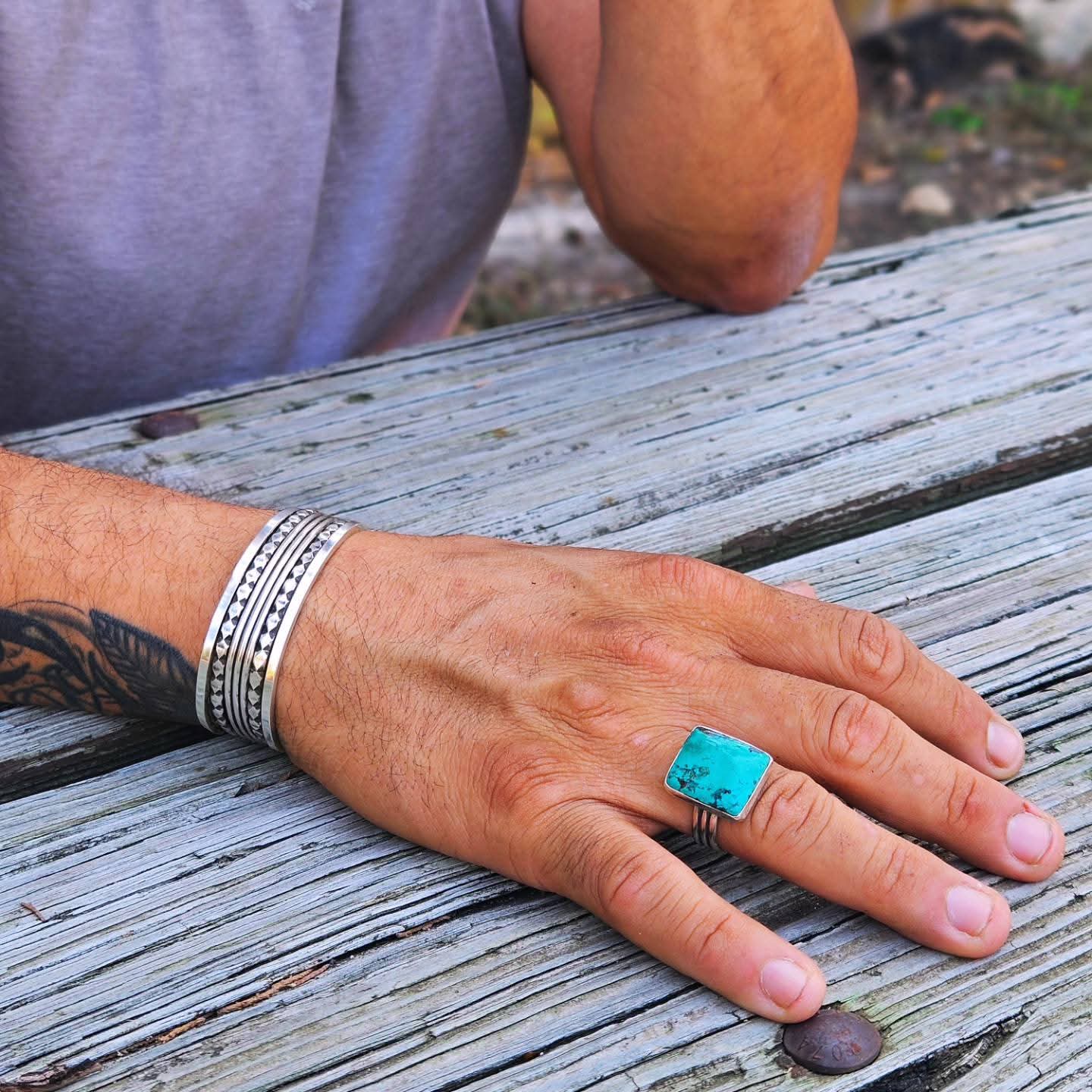 Large square Kingman Turquoise Ring set in sterling silver. Size 13