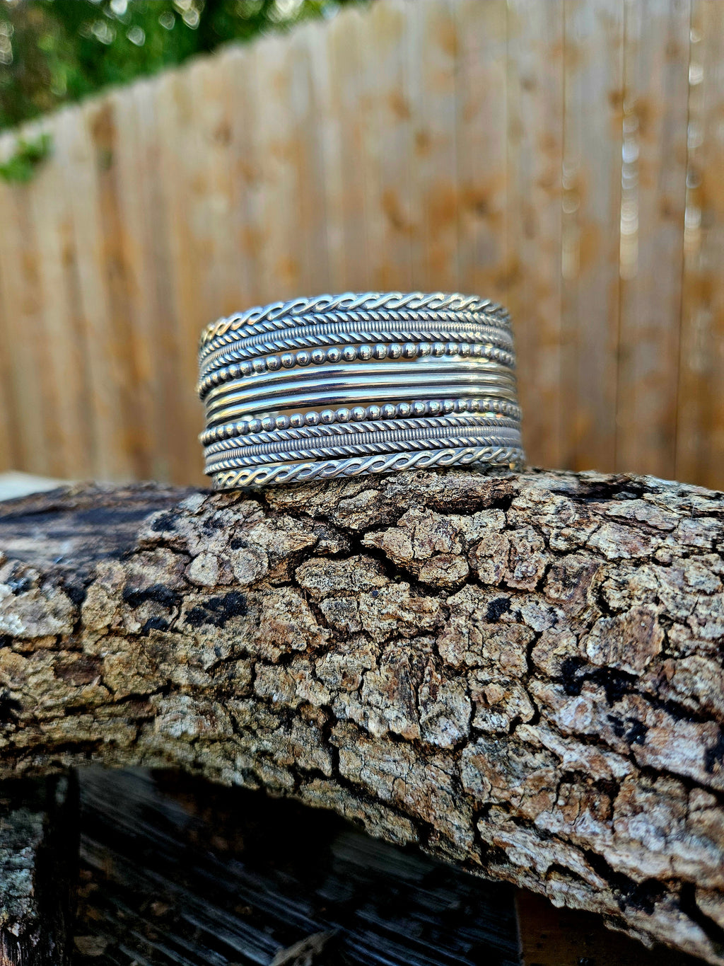 Large sterling silver 7 band pattern wire cuff with an Oxidized Finish
