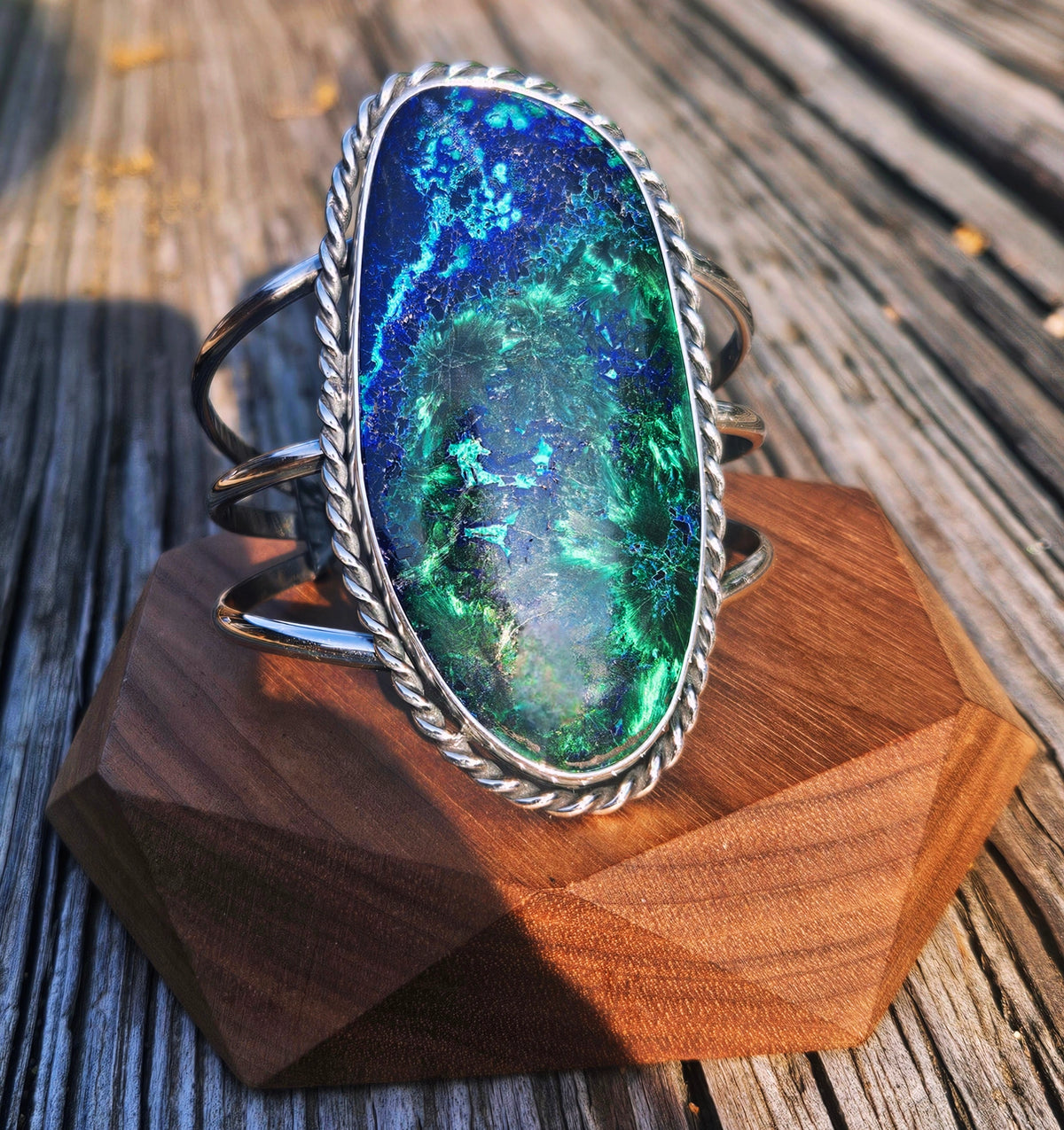 Large Malachite Azurite Cuff set in sterling silver with 3 bands