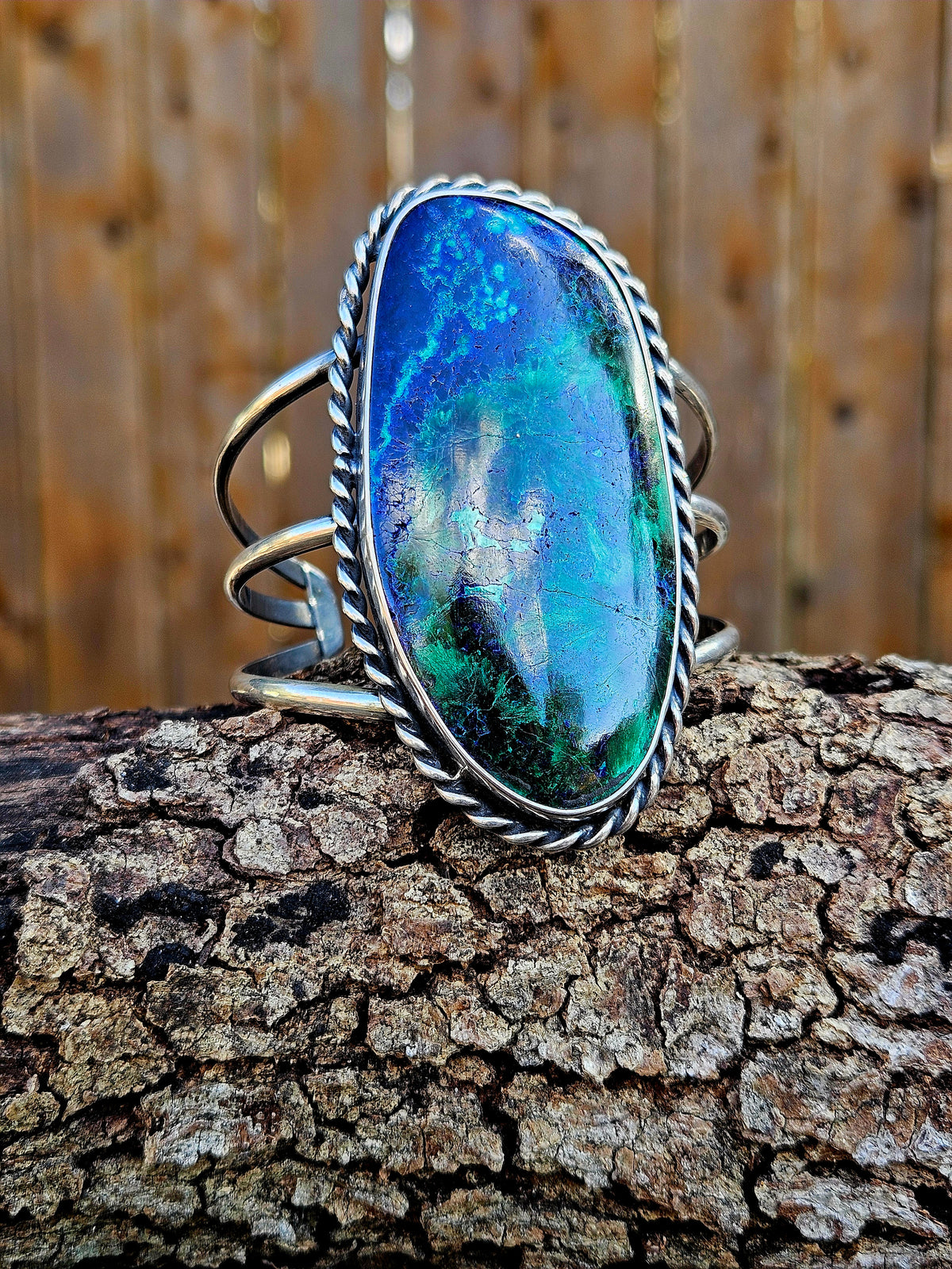 Large Malachite Azurite Cuff set in sterling silver with 3 bands