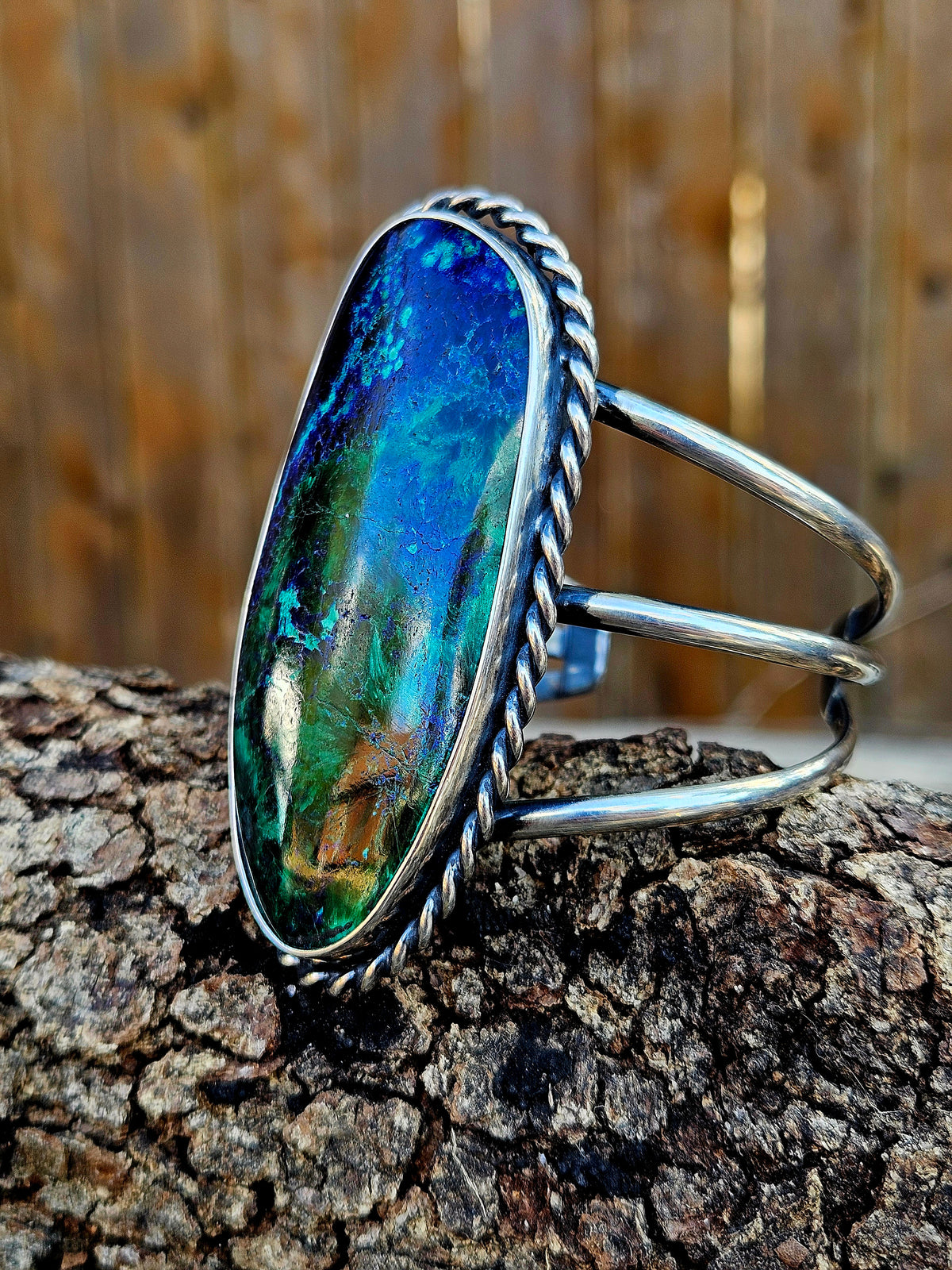 Large Malachite Azurite Cuff set in sterling silver with 3 bands