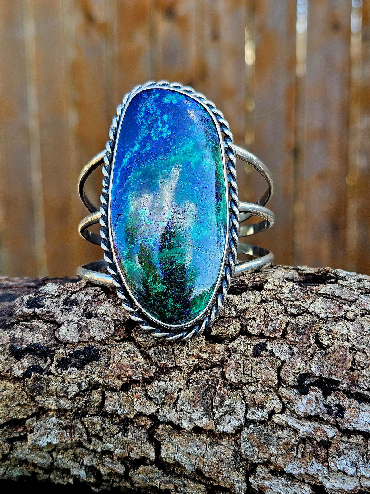 Large Malachite Azurite Cuff set in sterling silver with 3 bands