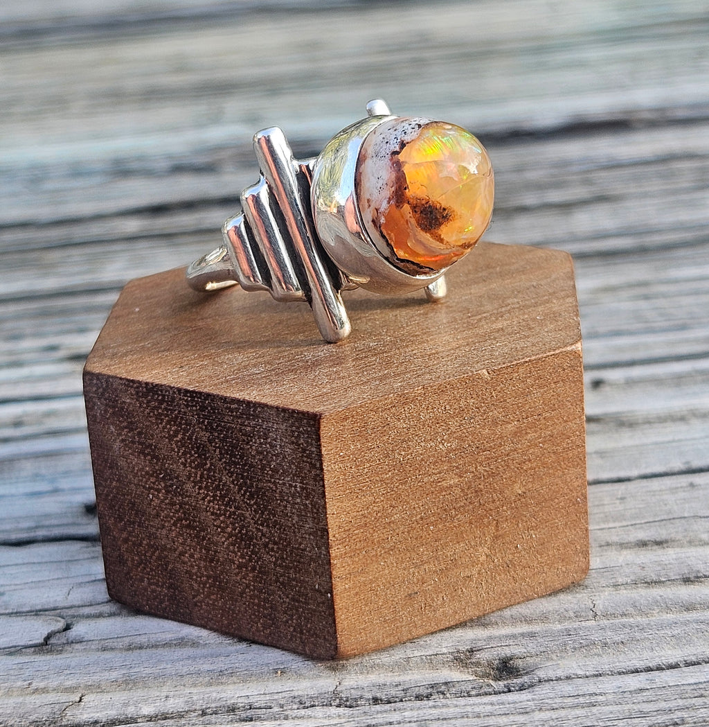 Tall Amber-Orange Mexican Matrix Opal ring set in sterling silver in our Deco style. Size 7
