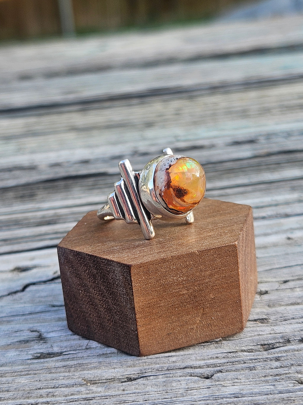 Tall Amber-Orange Mexican Matrix Opal ring set in sterling silver in our Deco style. Size 7