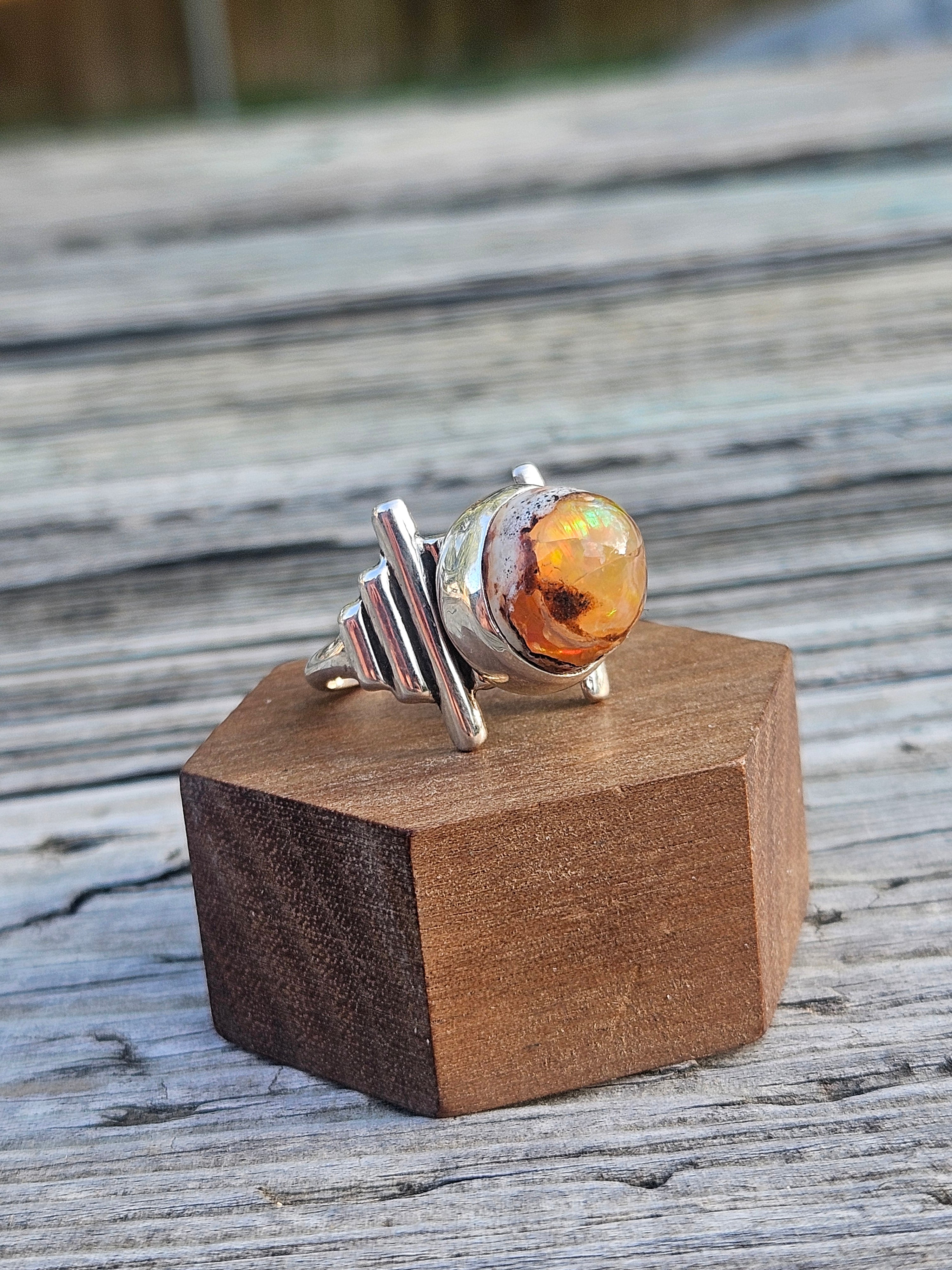 Tall Amber-Orange Mexican Matrix Opal ring set in sterling silver in our Deco style. Size 7