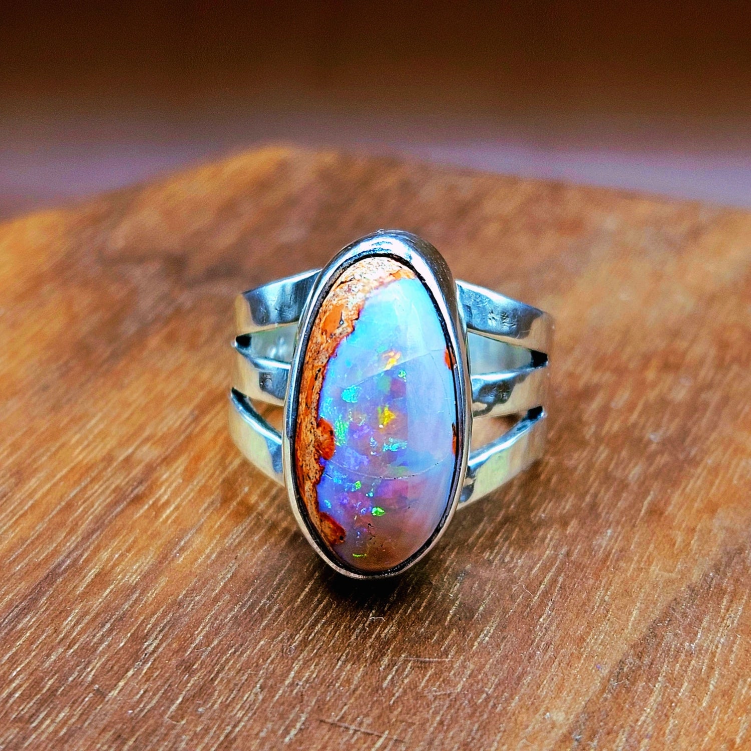 Mexican Matrix Opal Ring set in sterling silver with a light hammered finish. Size 6.5