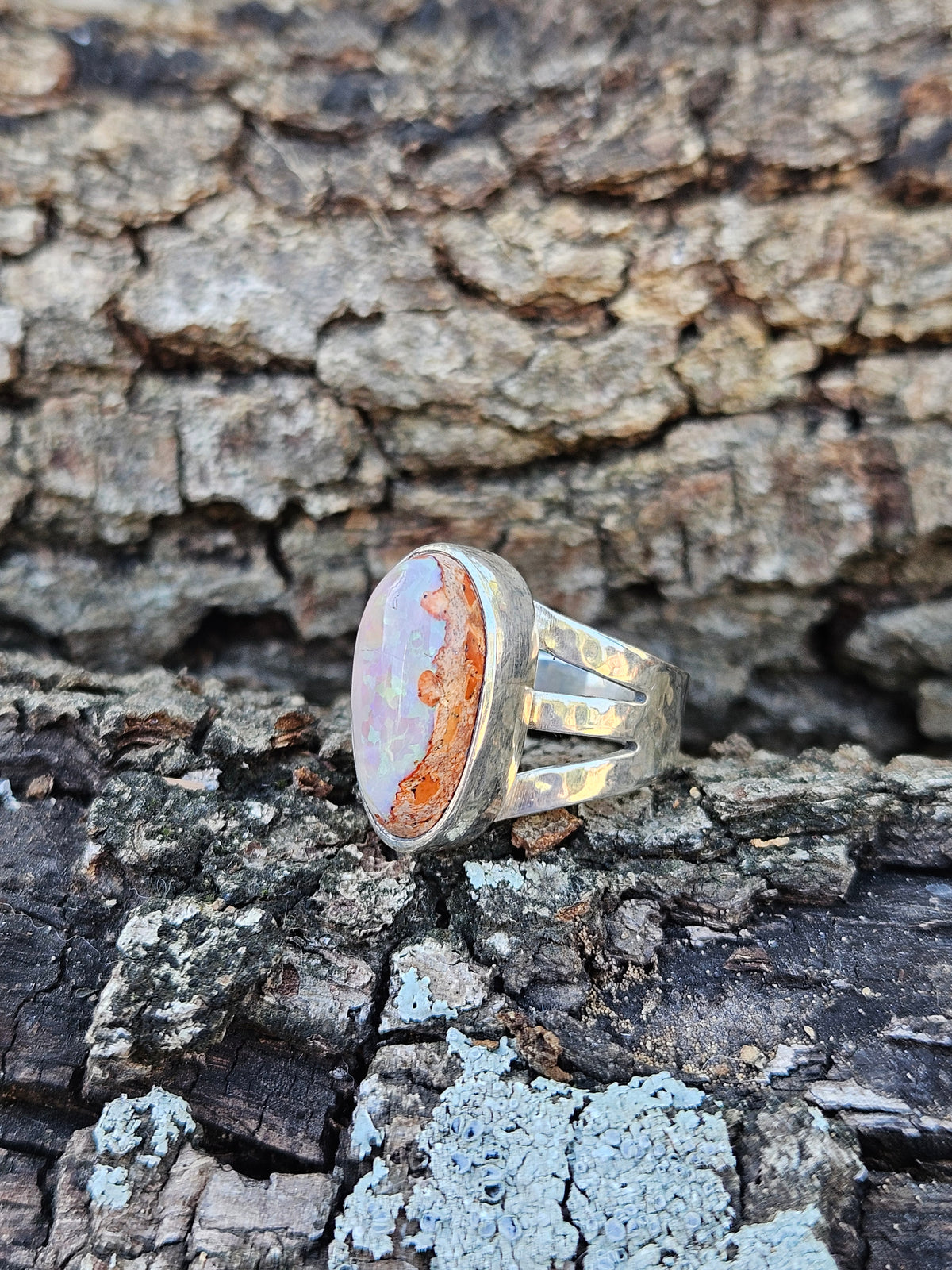 Mexican Matrix Opal Ring Set in Sterling Silver With a Light Hammered Finish. Size~ 6.5