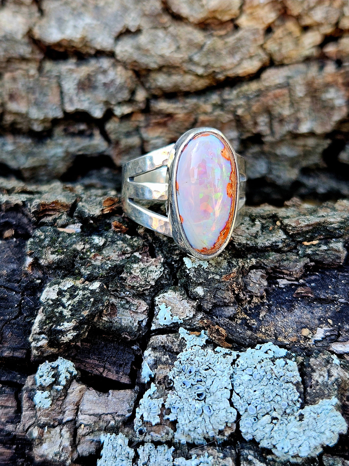 Mexican Matrix Opal Ring Set in Sterling Silver With a Light Hammered Finish. Size~ 6.5