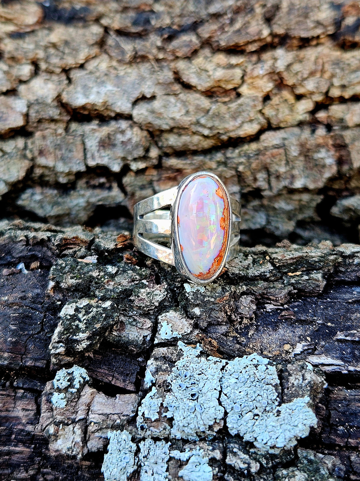 Mexican Matrix Opal Ring Set in Sterling Silver With a Light Hammered Finish. Size~ 6.5