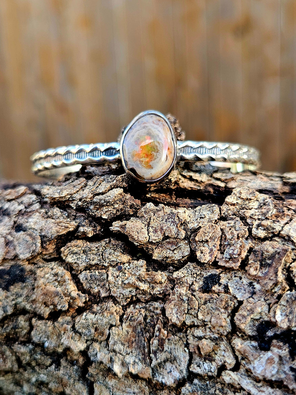 Sterling Silver Mexican Opal bracelet with silver pattern wire