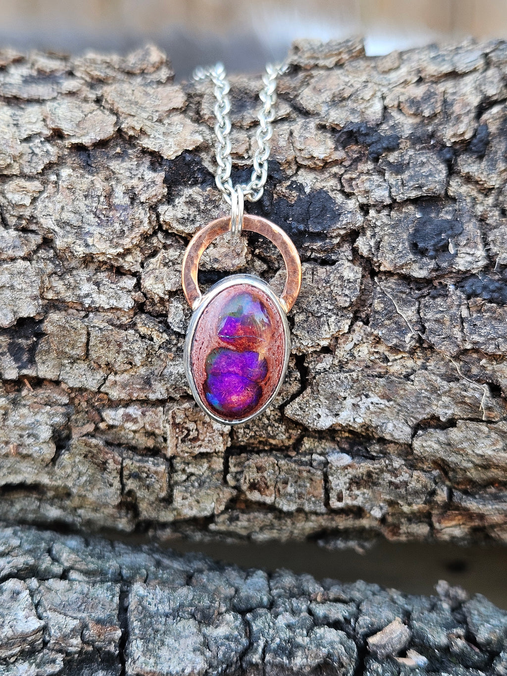 Purple Mexican Matrix Opal Pendant set in sterling silver with a copper accent. 