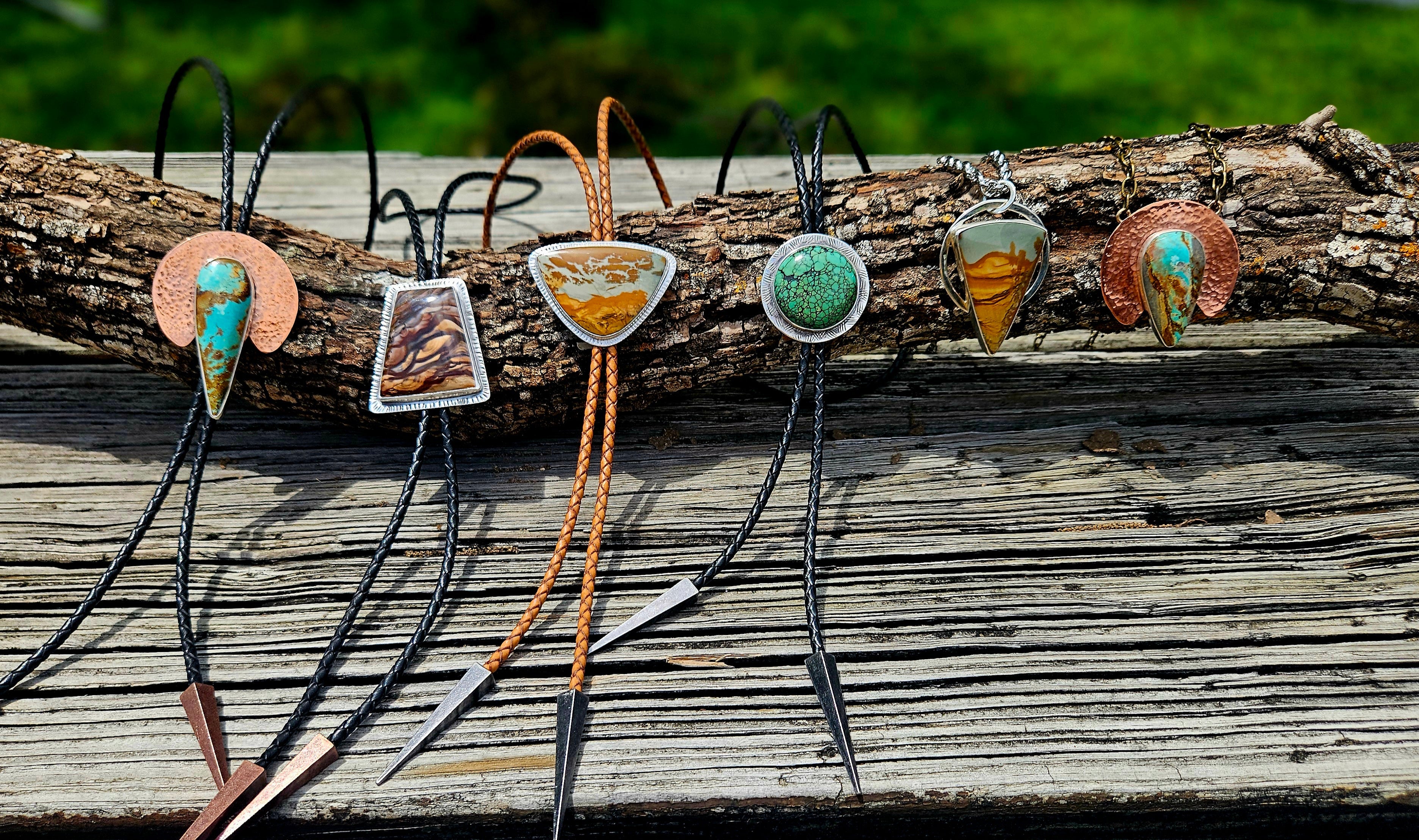 Custom Bolo Ties in sterling silver and copper with Royston Turquoise, Picture and Biggs Jasper