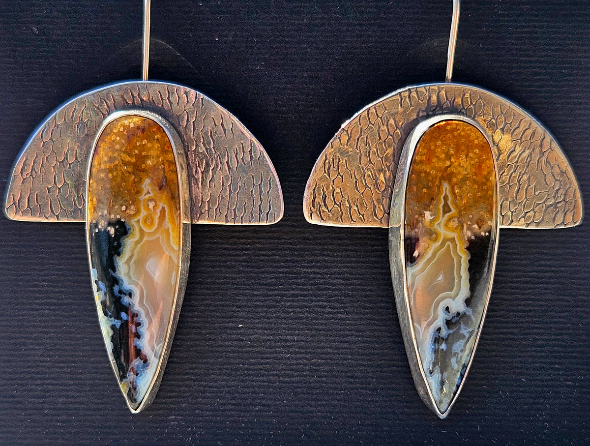 Petrified Palm Wood Earrings set in sterling silver with a half circle textured backplate.